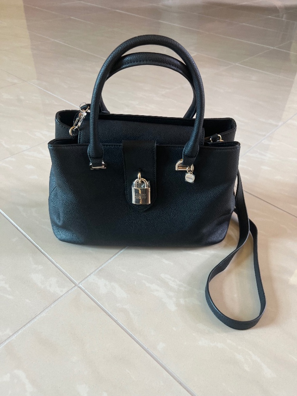 GUESS Black Satchel Handbag Shoulder Crossbody Bag Padlock New